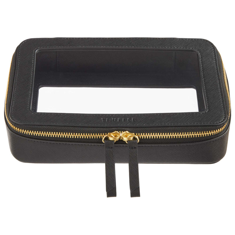 Truffle Clarity Jetset Large, luxe beauty/tech organization for travel. Clear TPU plastic trimmed in black leather.