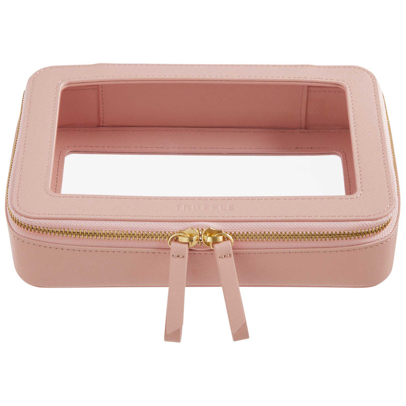 Truffle Clarity Jetset Large, luxe beauty/tech organization for travel. Clear TPU plastic trimmed in blush leather.