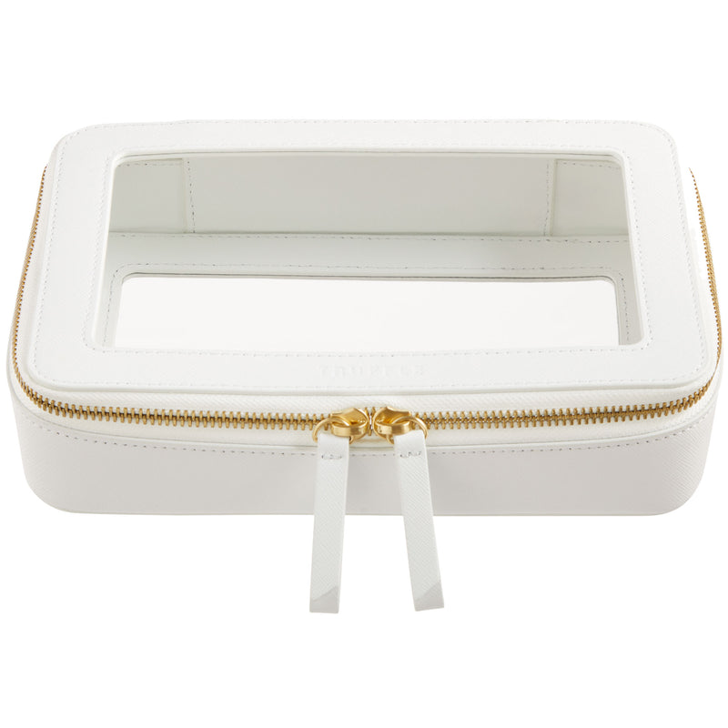 Truffle Clarity Jetset Large, luxe beauty/tech organization for travel. Clear TPU plastic trimmed in white leather.