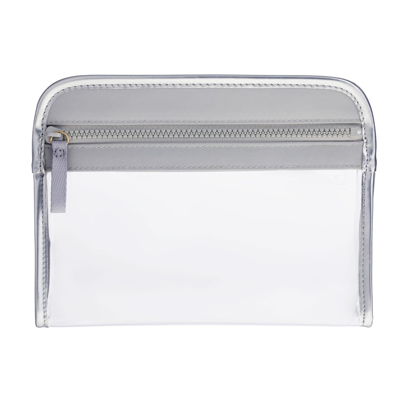 Clear Clarity Pouch Small, trimmed in dove grey colored nylon, TSA approved for travel-sized liquids.
