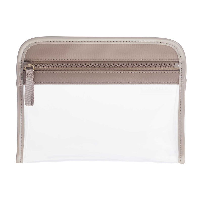 Clear Clarity Pouch Small, trimmed in toffee colored nylon, TSA approved for travel-sized liquids.