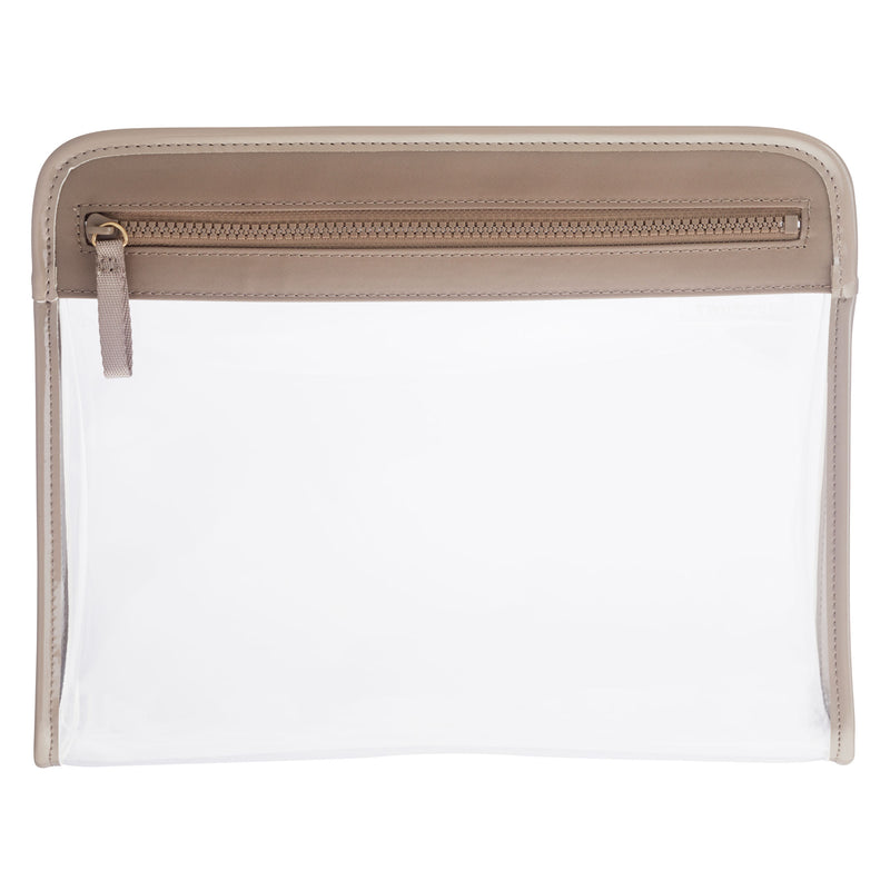 Clear Clarity Pouch Large, trimmed in toffee colored nylon, ideal for large skin and haircare bottles.
