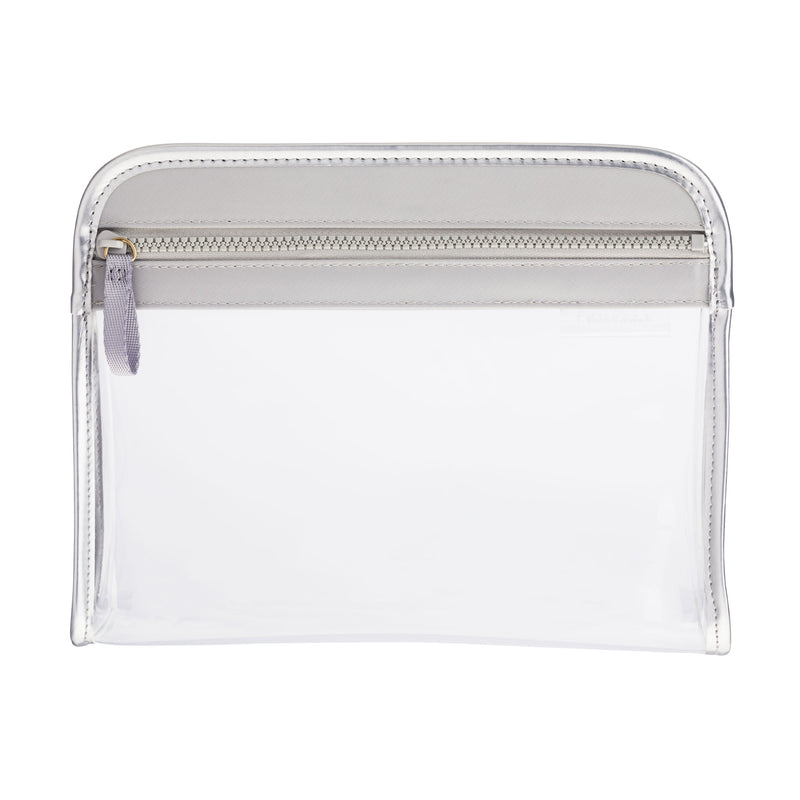 Clear Clarity Pouch Medium, trimmed in dove grey colored nylon, multipurpose for beauty and travel.