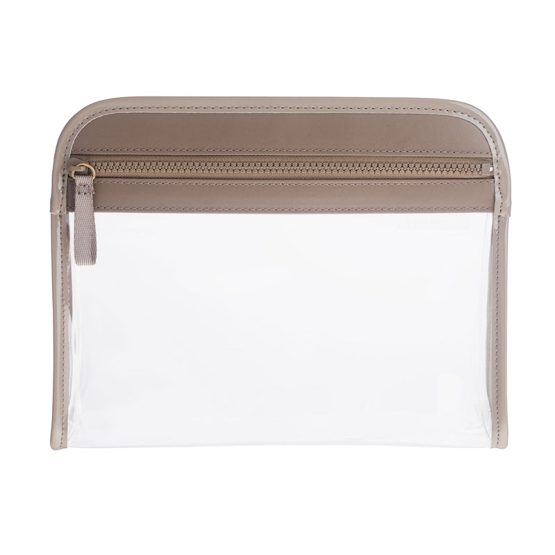 Clear Clarity Pouch Medium, trimmed in toffee colored nylon, multipurpose for beauty and travel.