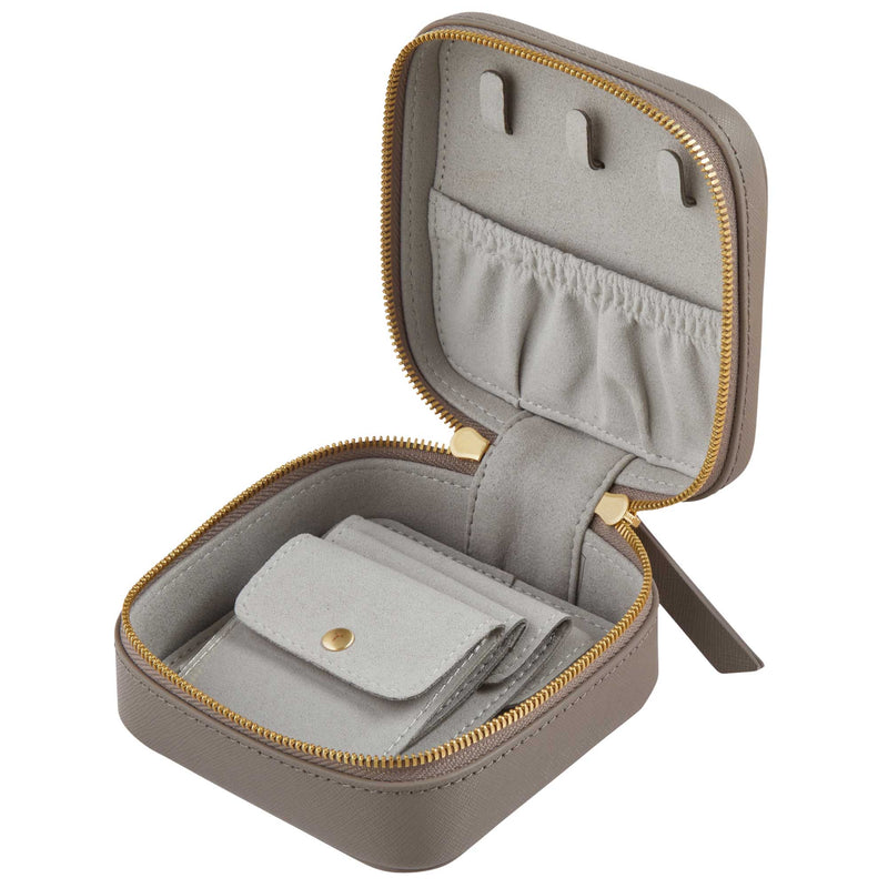 Open view of a Truffle Privacy Travel Jewelry Case, made with toffee colored Saffiano leather, with removable clear storage for keeping jewelry organized.