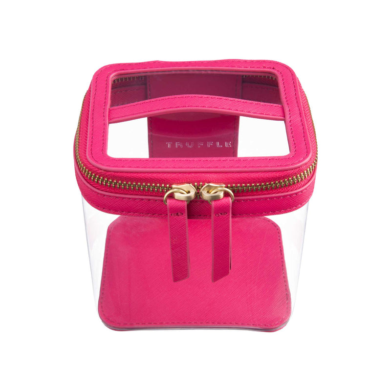 Truffle Clarity Mini Train Case, trimmed in hot pink leather, perfect for small beauty, tech and everyday essentials.