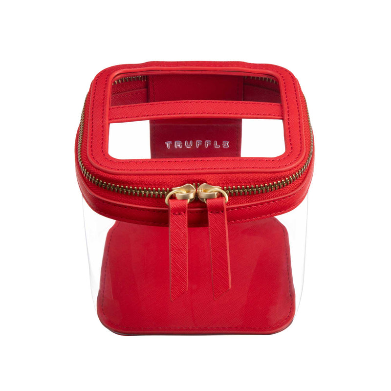 Truffle Clarity Mini Train Case, trimmed in red leather, perfect for small beauty, tech and everyday essentials.