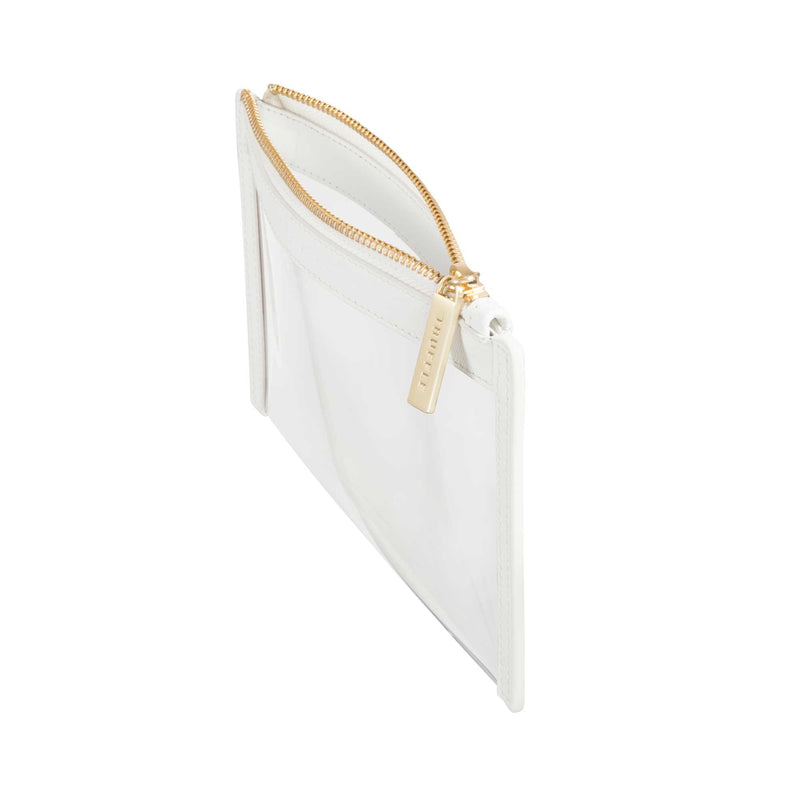 Side view of a Truffle Clarity Clutch Mini, a sleek zippered pouch with clear TPU plastic and Chalk leather trim.