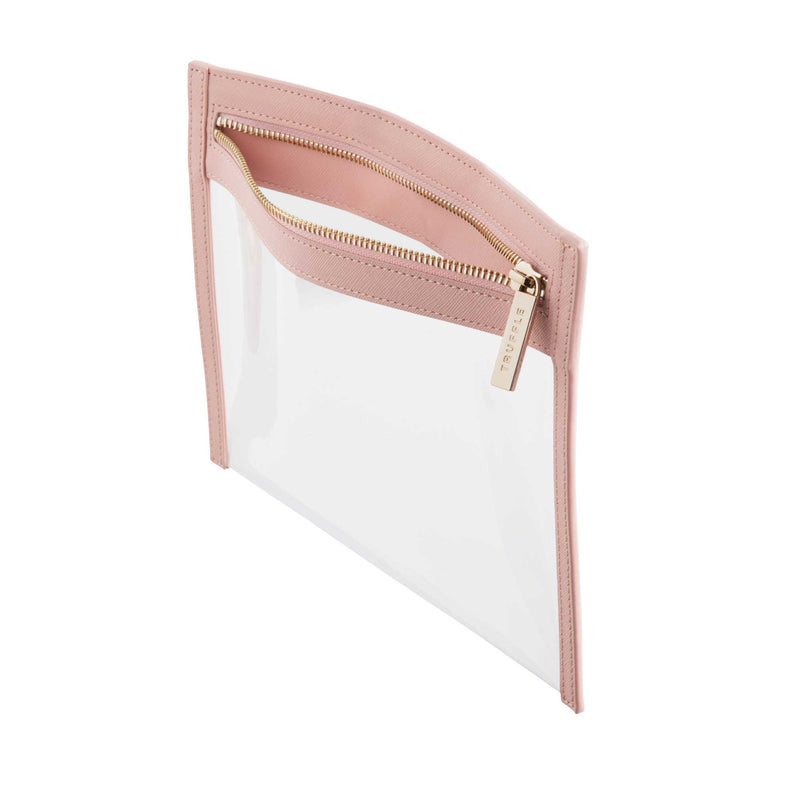 Side view of a Truffle Clarity Clutch Small, a sleek, TSA-approved zippered pouch with clear TPU plastic and Blush leather trim.