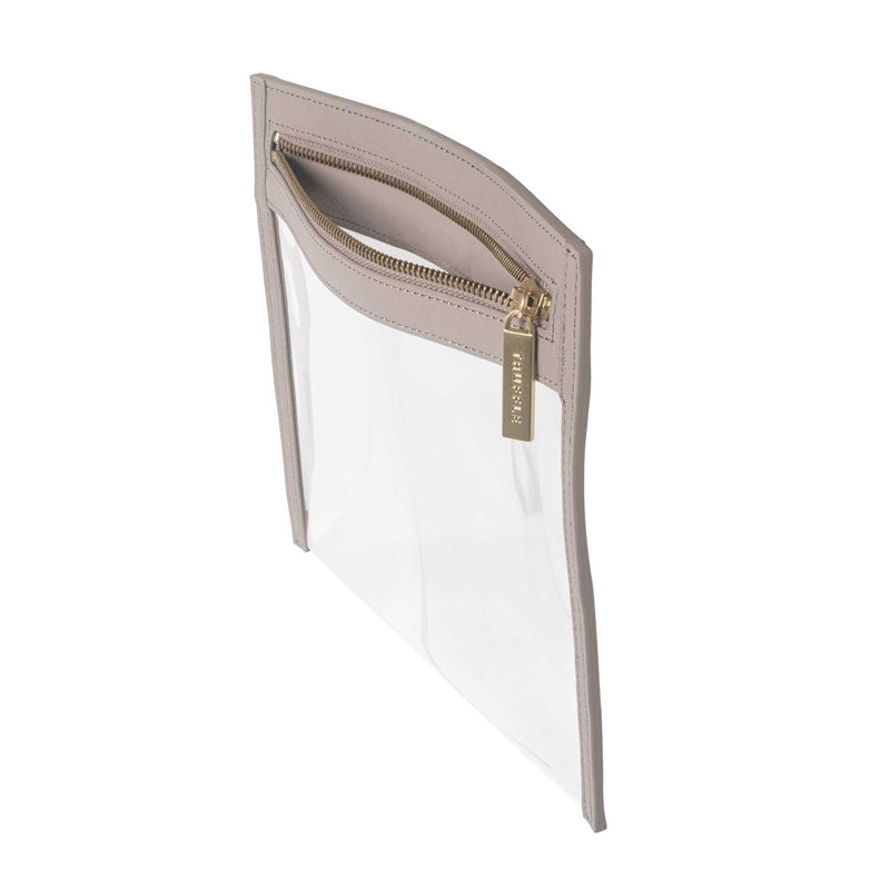 Side view of a Truffle Clarity Clutch Small, a sleek, TSA-approved zippered pouch with clear TPU plastic and Toffee leather trim.