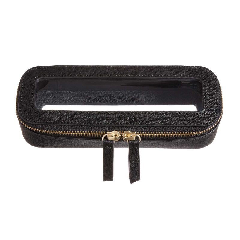 Truffle Clarity Mini Jetset Case, trimmed in black leather, perfect for mini beauty, tech or daily essentials.