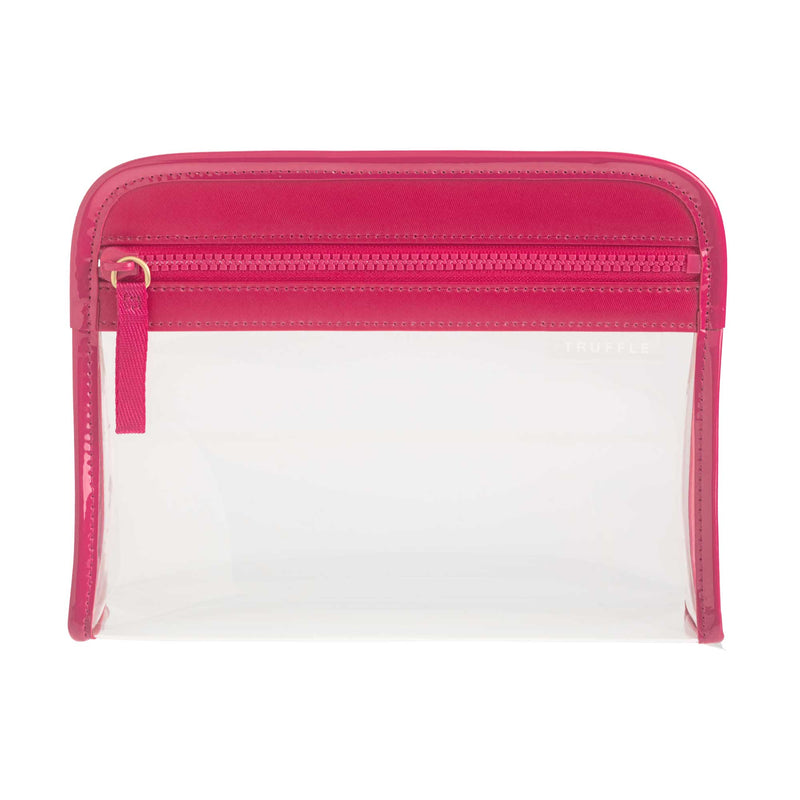 Clear Clarity Pouch Small, trimmed in hot pink colored nylon, TSA approved for travel-sized liquids.