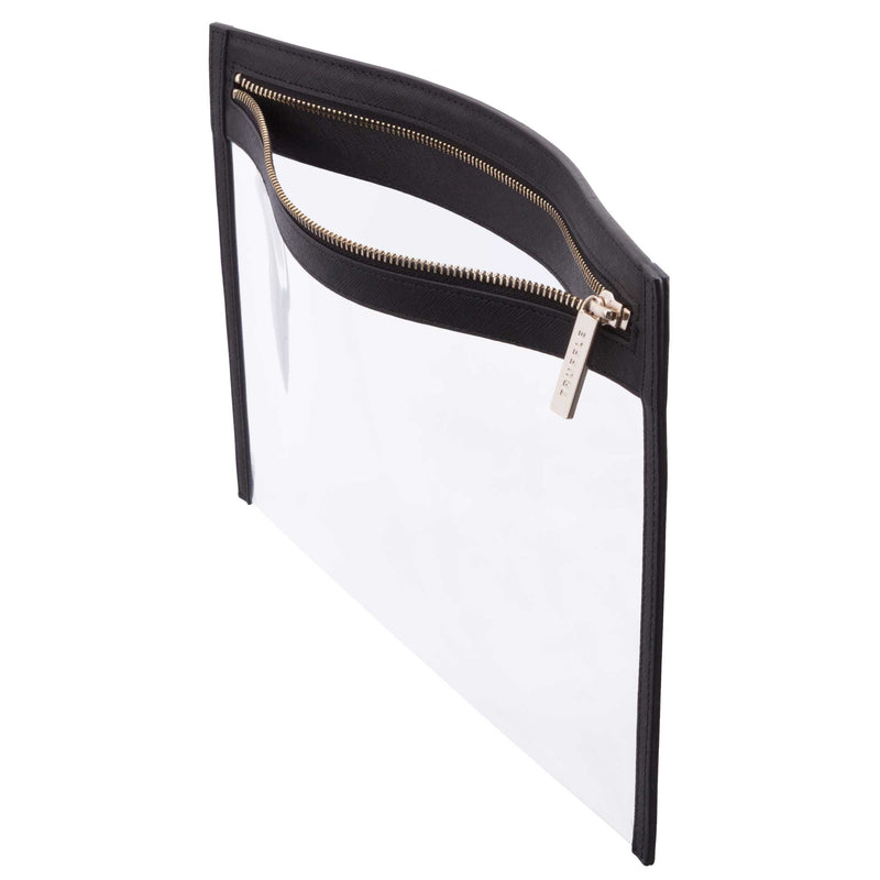 Side view of a Truffle Clarity Clutch Large with a clear TPU body and solid Black leather trim, featuring a gold zipper.