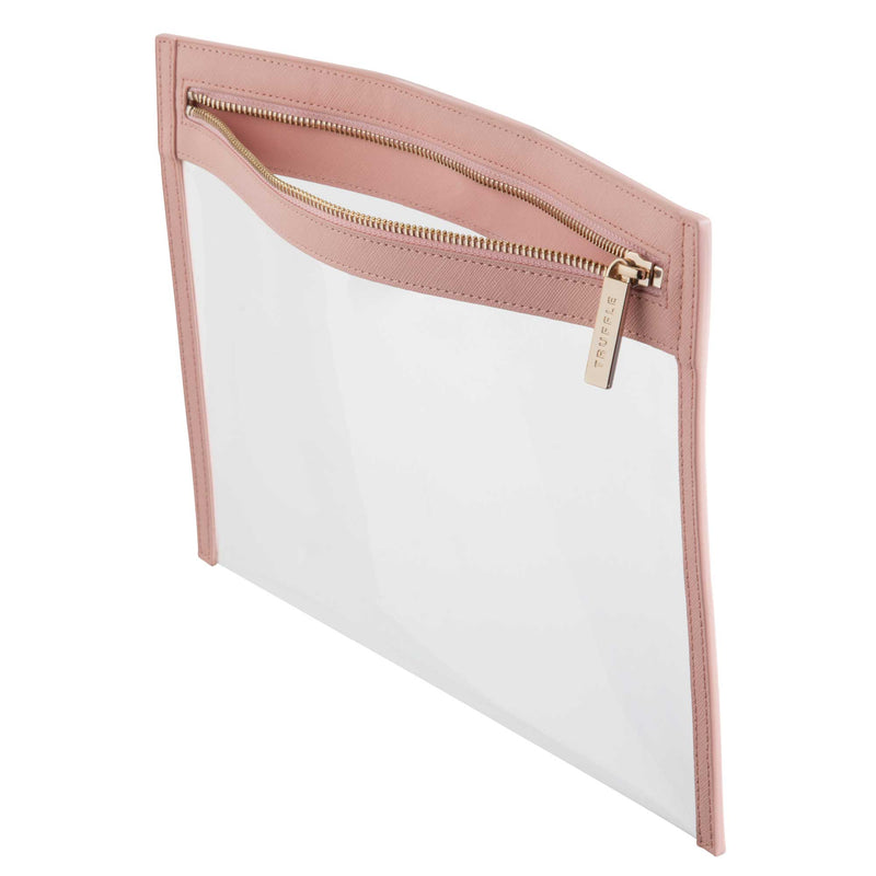 Side view of a Truffle Clarity Clutch Large with a clear TPU body and solid Blush leather trim, featuring a gold zipper.