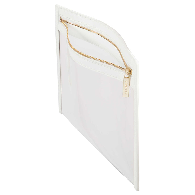 Side view of a Truffle Clarity Clutch Large with a clear TPU body and solid Chalk leather trim, featuring a gold zipper.