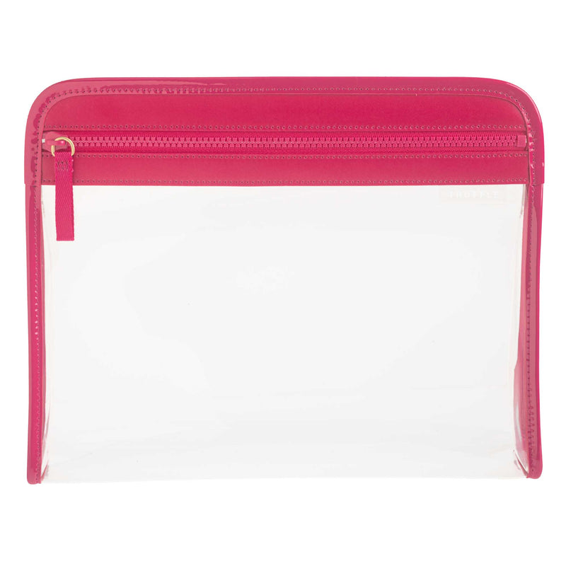Clear Clarity Pouch Large, trimmed in hot pink colored nylon, ideal for large skin and haircare bottles.