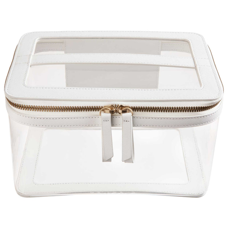 Truffle Clarity Jumbo Train Case, made with white leather trim and biodegradable clear TPU.