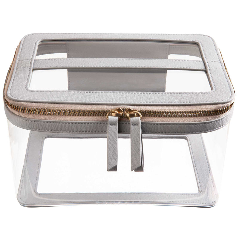 Truffle Clarity Jumbo Train Case, a large clear makeup case, trimmed in Dove Grey leather.