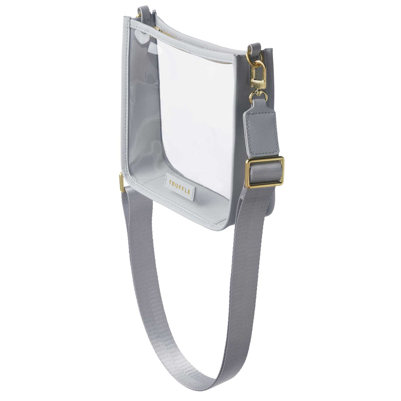 Side view of a Truffle Clarity Mini Crossbody trimmed in dove grey leather, stadium and event ready.