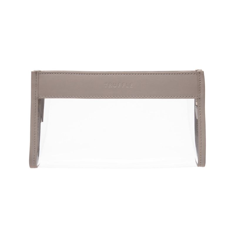 Truffle Everyday Pouch Mini, a clear sweet multi-purpose pouch trimmed in Toffee leather. 
