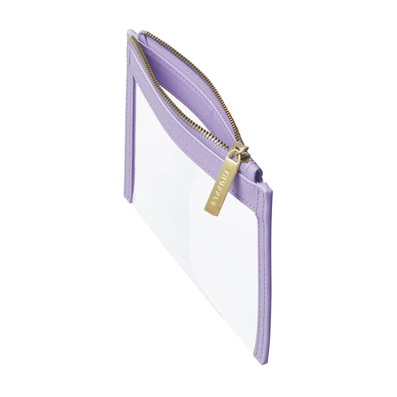 Side view of a Truffle Clarity Clutch Mini, a sleek zippered pouch with clear TPU plastic and Lilac leather trim.