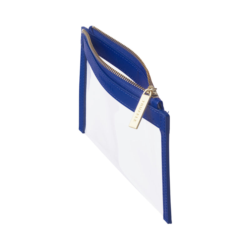 Side view of a Truffle Clarity Clutch Mini, a sleek zippered pouch with clear TPU plastic and Sapphire leather trim.