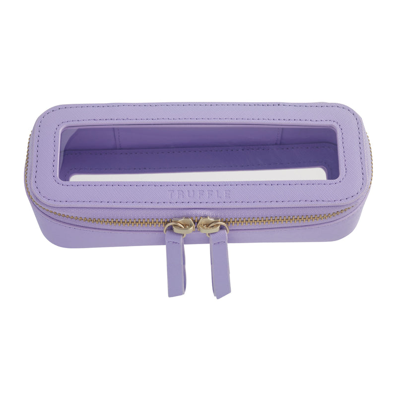 Truffle Clarity Mini Jetset Case, trimmed in Lilac leather, perfect for small beauty, tech and everyday essentials.
