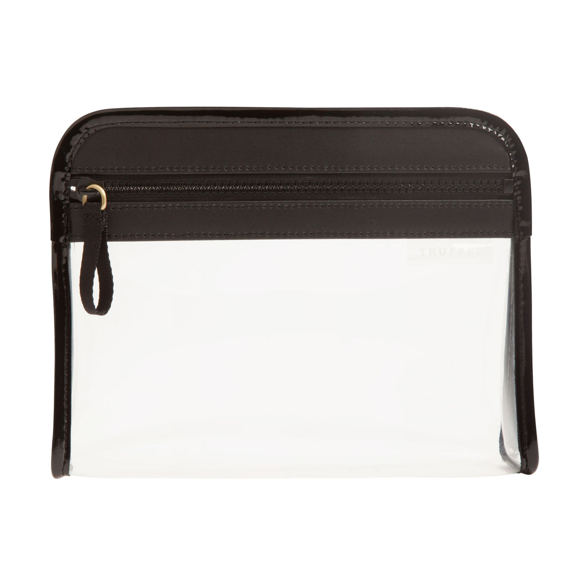 Clear Clarity Pouch Small, trimmed in black colored nylon, TSA approved for travel-sized liquids.