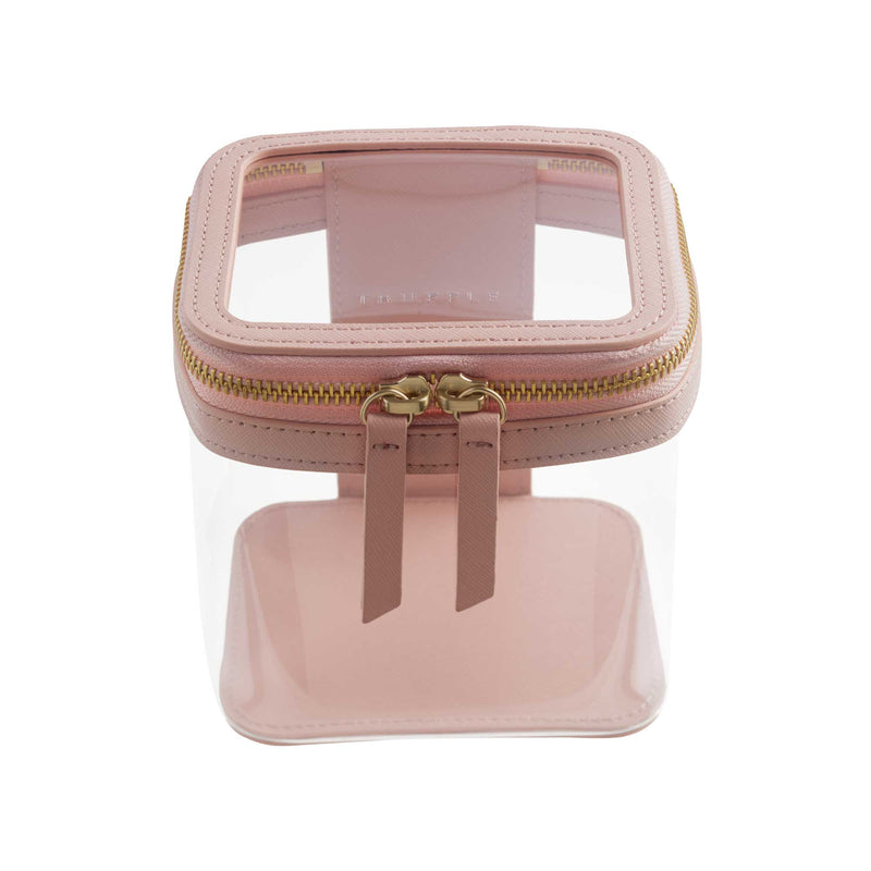 Truffle Clarity Mini Train Case, trimmed in blush leather, perfect for small beauty, tech and everyday essentials.