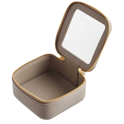 Open view of a Truffle Clarity Petite Case trimmed in toffee leather, perfect for small essentials.
