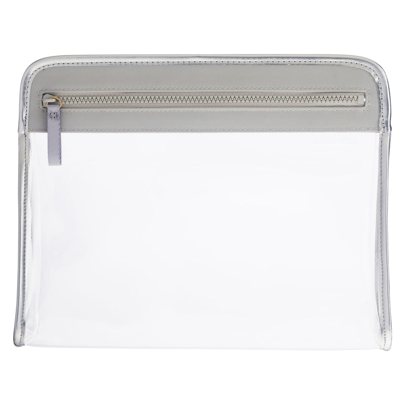 Clear Clarity Pouch Large, trimmed in dove grey colored nylon, ideal for large skin and haircare bottles. 