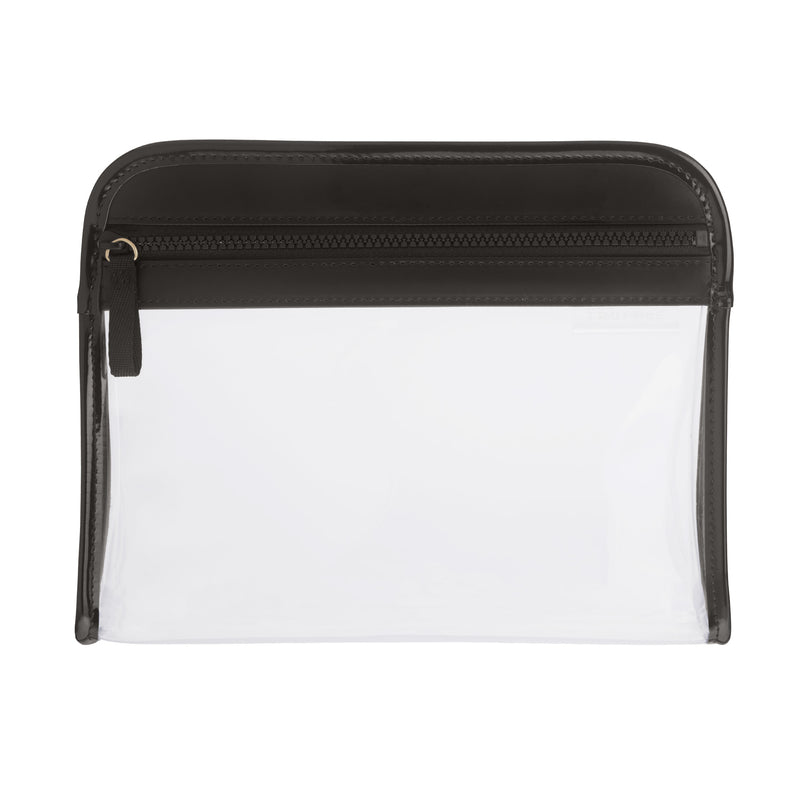 Clear Clarity Pouch Medium, trimmed in black colored nylon, multipurpose for beauty and travel.
