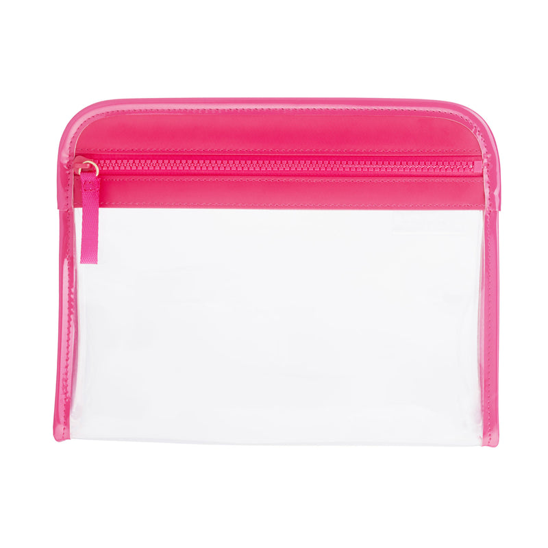 Clear Clarity Pouch Medium, trimmed in hot pink colored nylon, multipurpose for beauty and travel.