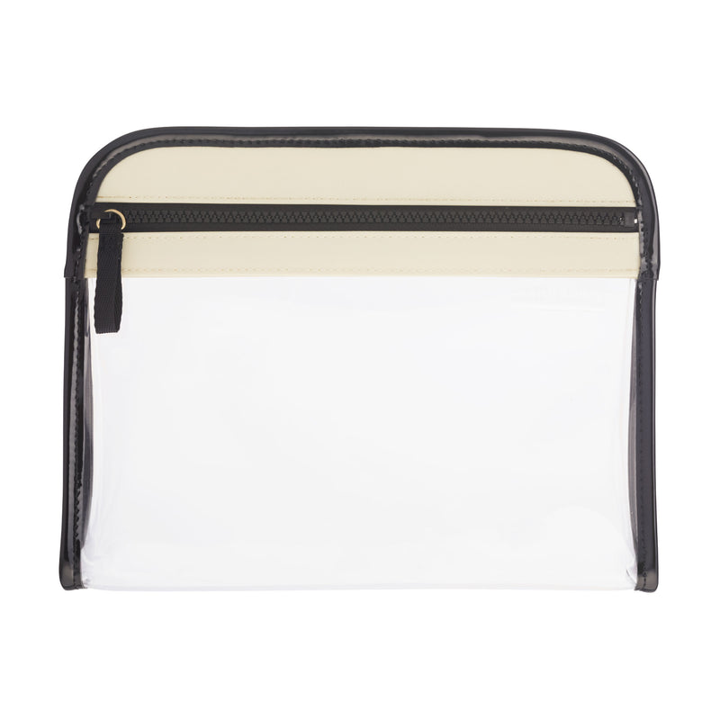 Clear Clarity Pouch Medium, trimmed in natural colored nylon, multipurpose for beauty and travel.