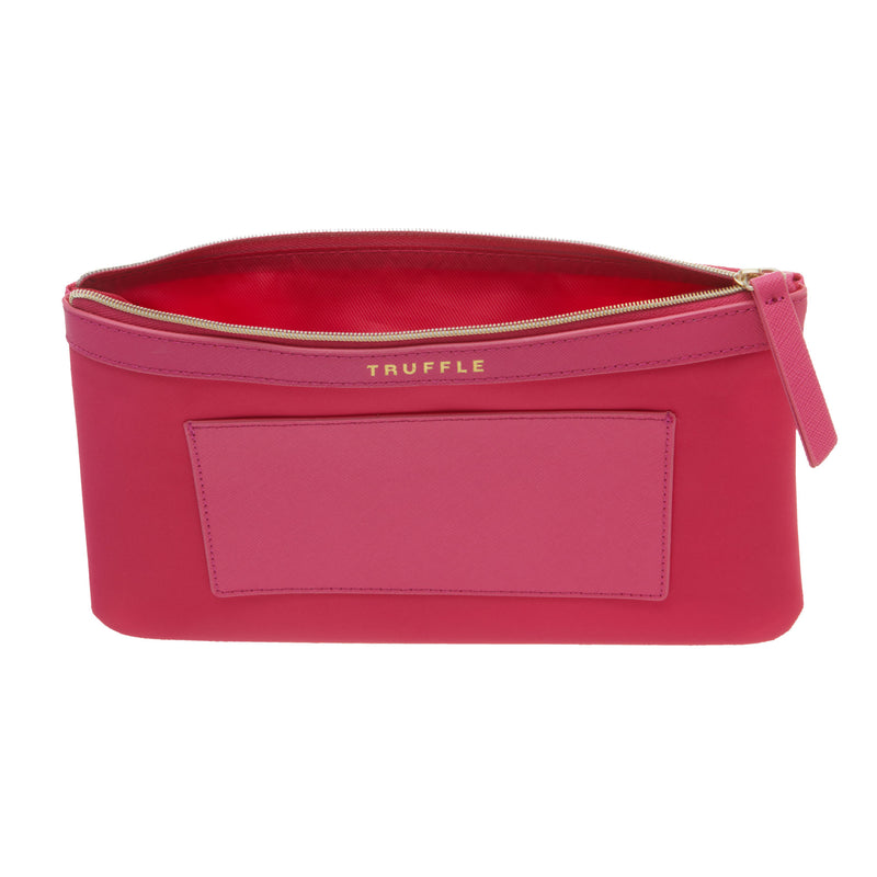One of four Truffle Clarity Privacy Multi-tasking Pouches, made with recycled hot pink nylon, multipurpose for organizing essentials.