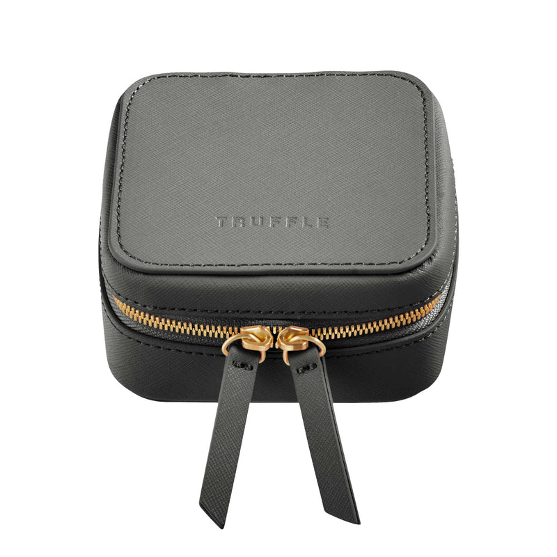 Truffle Privacy Travel Jewelry Case, made with black Saffiano leather, with removable clear storage for tangle-free travel.