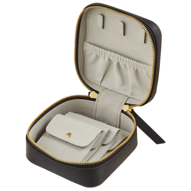 Open view of a Truffle Privacy Travel Jewelry Case, made with black Saffiano leather, with removable clear storage for keeping jewelry organized.