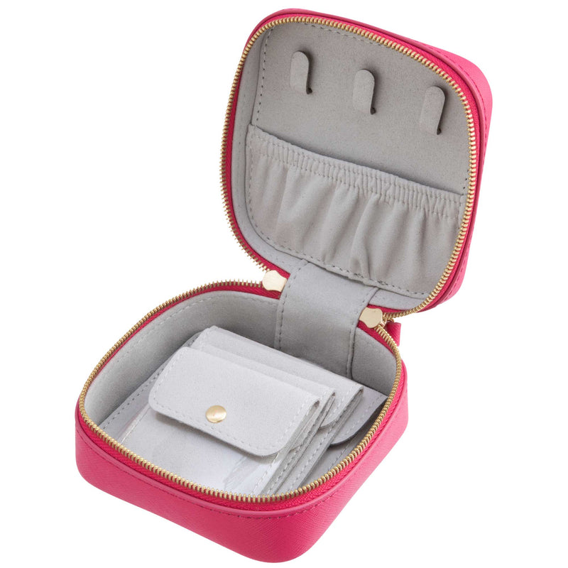 Open view of a Truffle Privacy Travel Jewelry Case, made with hot pink Saffiano leather, with removable clear storage for keeping jewelry organized.