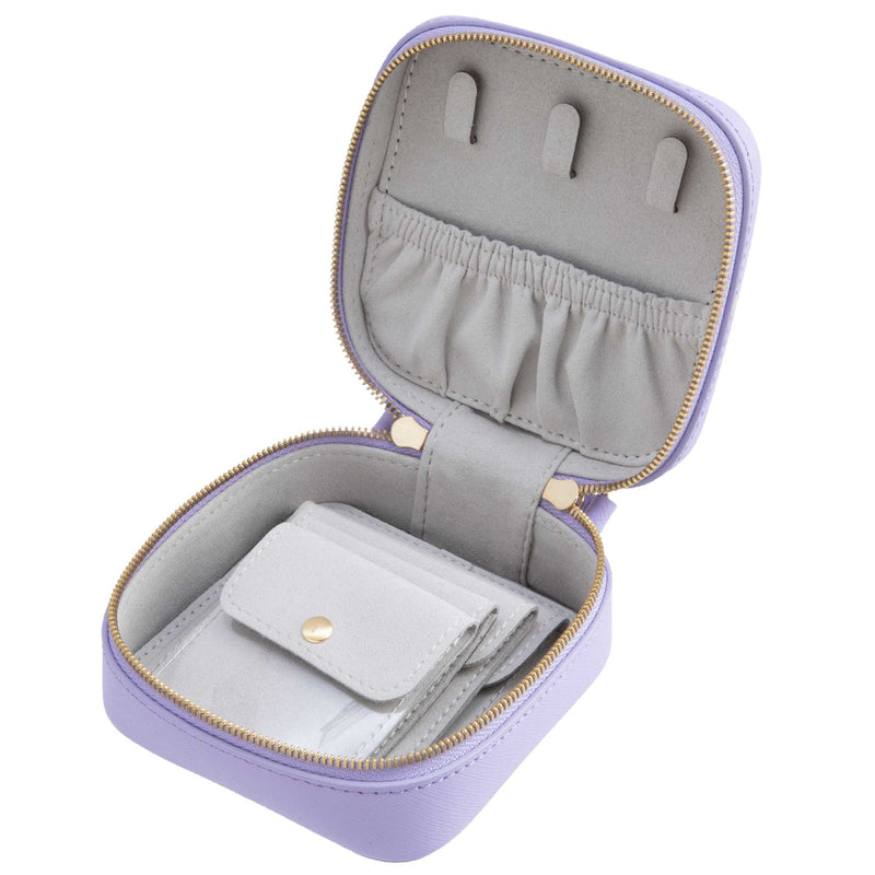 Open view of a Truffle Privacy Travel Jewelry Case, made with lilac Saffiano leather, with removable clear storage for keeping jewelry organized.