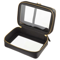 Open view of a Truffle Clarity Jumbo Jetset Case in black leather with two zip-around clear compartments.