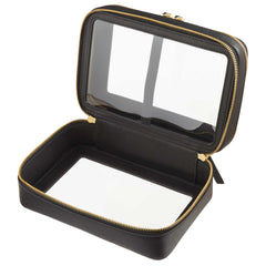 Open view of a Truffle Clarity Jumbo Jetset Case in black leather with two zip-around clear compartments.