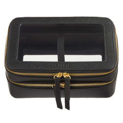 Truffle Clarity Jumbo Jetset Case in black leather with two zip-around clear compartments.