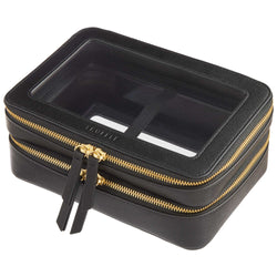 Side view of a Truffle Clarity Jumbo Jetset Case in black leather with two zip-around clear compartments.