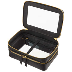 Open view of a Truffle Clarity Jumbo Jetset Case in black leather with two zip-around clear compartments.
