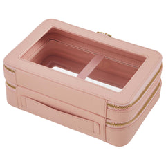 Back view of a Truffle Clarity Jumbo Jetset Case in blush leather with two zip-around clear compartments.