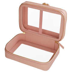 Open view of a Truffle Clarity Jumbo Jetset Case in blush leather with two zip-around clear compartments.