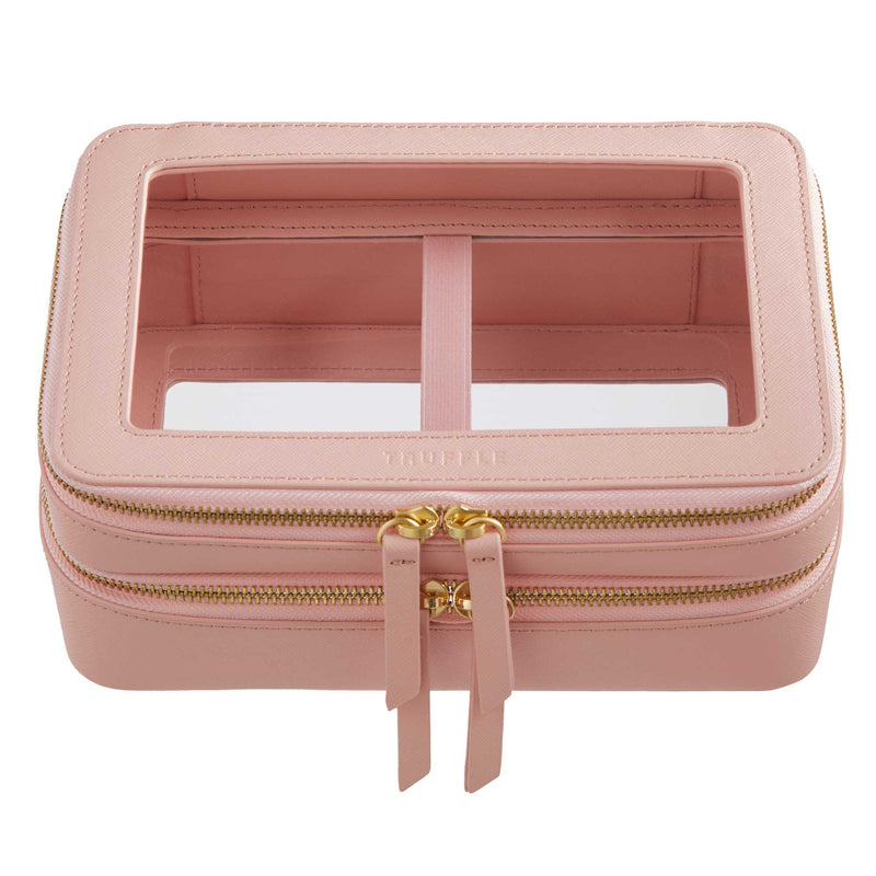 Truffle Clarity Jumbo Jetset Case in blush leather with two zip-around clear compartments.