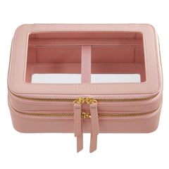 Truffle Clarity Jumbo Jetset Case in blush leather with two zip-around clear compartments.