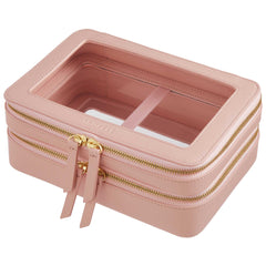 Side view of a Truffle Clarity Jumbo Jetset Case in blush leather with two zip-around clear compartments.