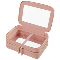 Open view of a Truffle Clarity Jumbo Jetset Case in blush leather with two zip-around clear compartments.